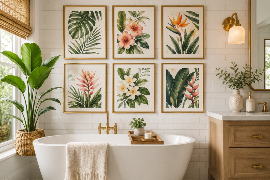 bathroom wall decor ideas - framed botanical prints gallery wall in modern bathroom 2026