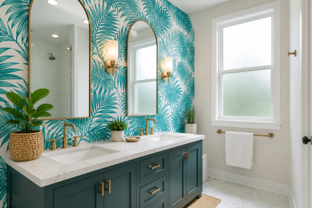  peel and stick wallpaper bathroom wall decor ideas summer 2026 tropical accent wall
