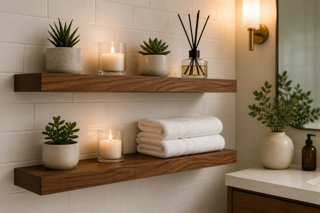 floating wooden shelves bathroom wall decor ideas with plants and candles