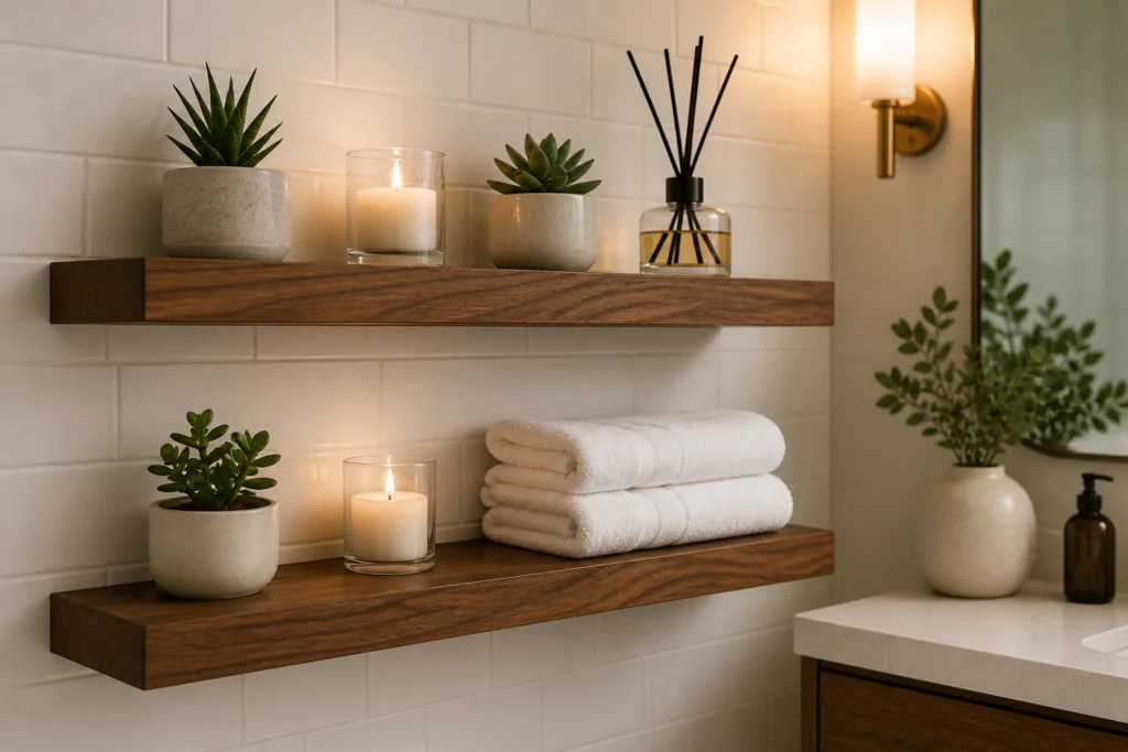 floating wooden shelves bathroom wall decor ideas with plants and candles