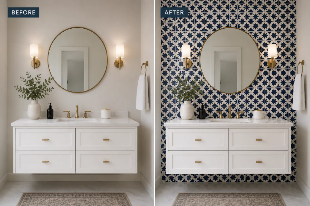 peel-and-stick accent tile bathroom wall decor ideas geometric Moroccan pattern