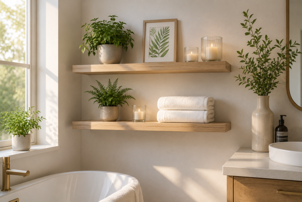 floating shelves bathroom wall decor ideas styled with plants and decor summer 2026