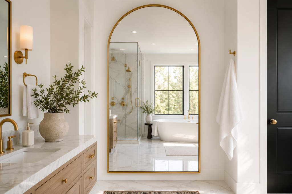 large statement mirror bathroom wall decor ideas arched gold frame modern bathroom 2026