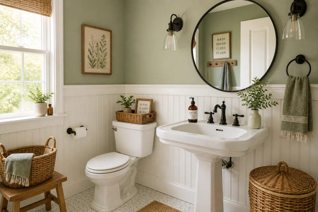 beadboard paneling bathroom wall decor ideas farmhouse style white sage green