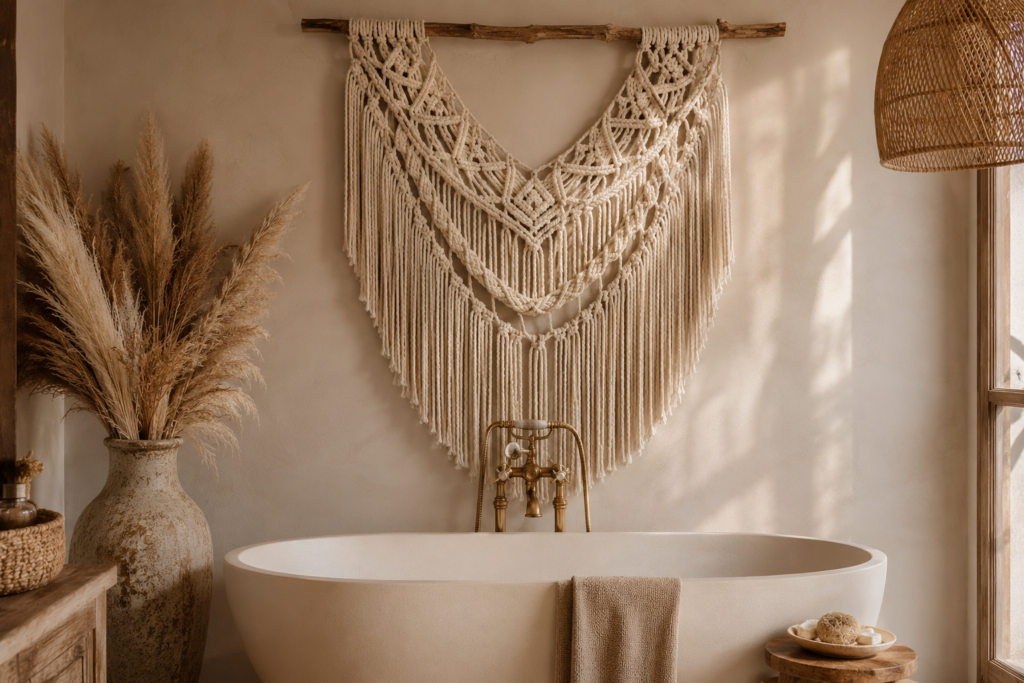boho macrame wall hanging bathroom wall decor ideas above bathtub 2026 bohemian style
