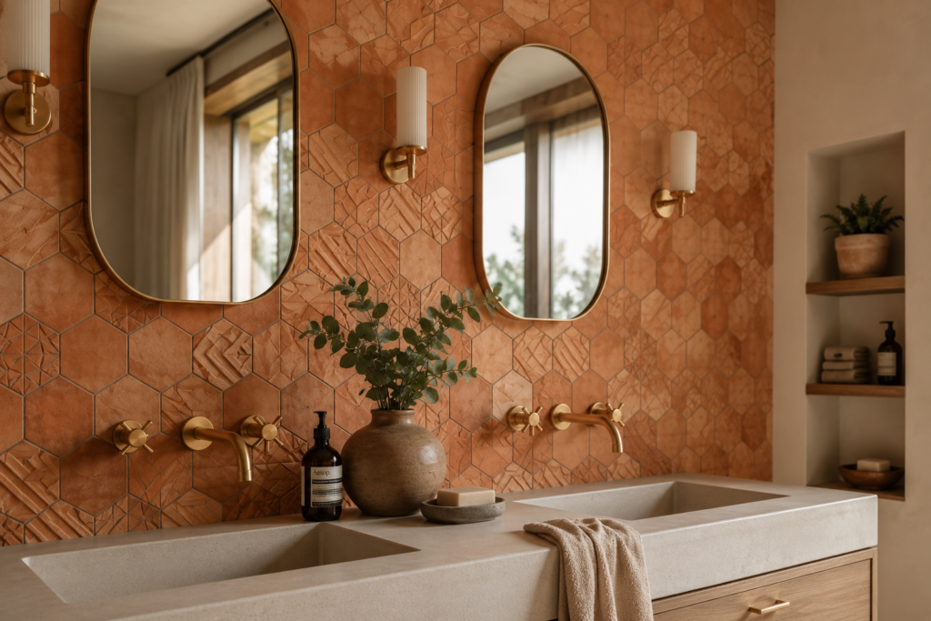 geometric tile feature wall bathroom wall decor ideas terracotta hexagon tiles 2026