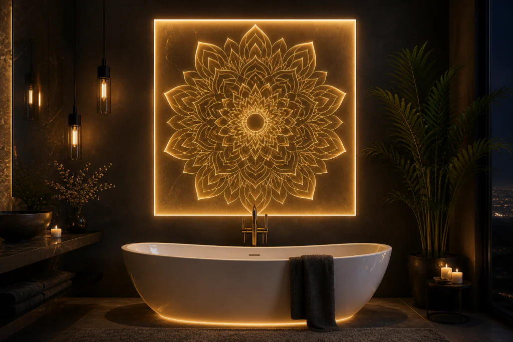  LED backlit wall panel bathroom wall decor ideas 2026 geometric mandala luxury