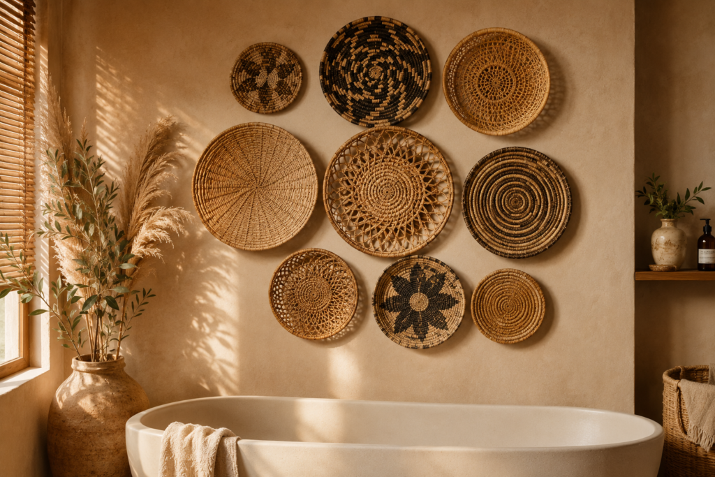 woven basket wall display bathroom wall decor ideas boho seagrass rattan arrangement 2026