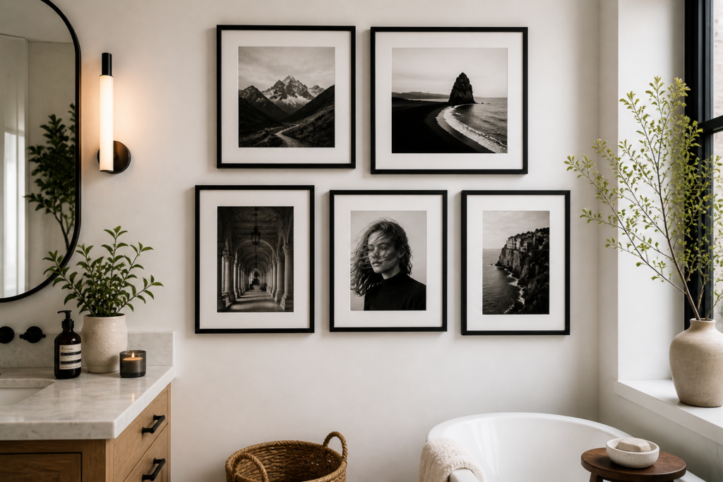 black and white photography gallery wall bathroom wall decor ideas minimalist frames