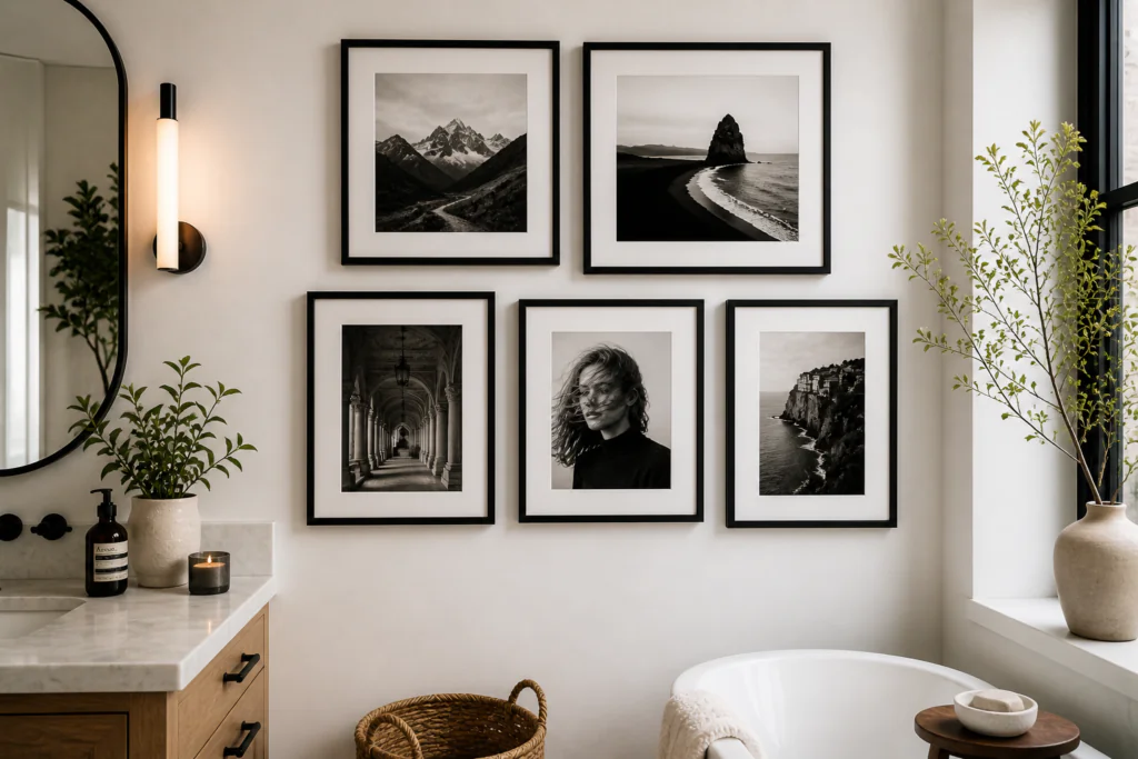 black and white photography gallery wall bathroom wall decor ideas minimalist frames