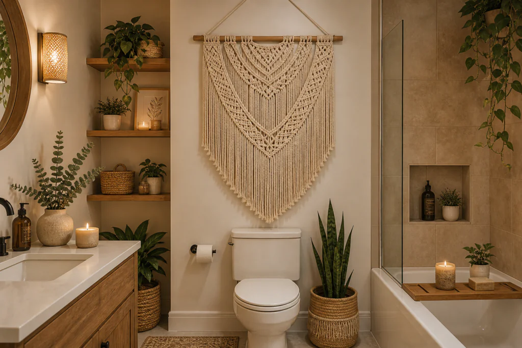 macramé wall hanging bathroom wall decor ideas boho style above toilet