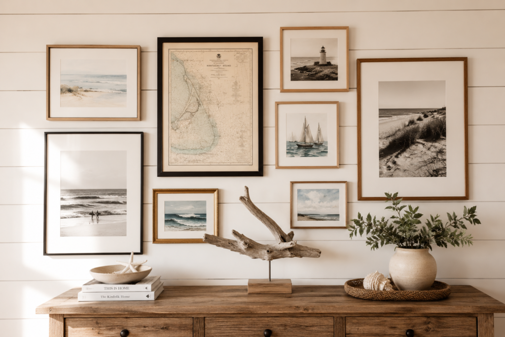 Coastal gallery wall arrangement showing carefully curated beach house decor ideas with mixed art prints and natural elements