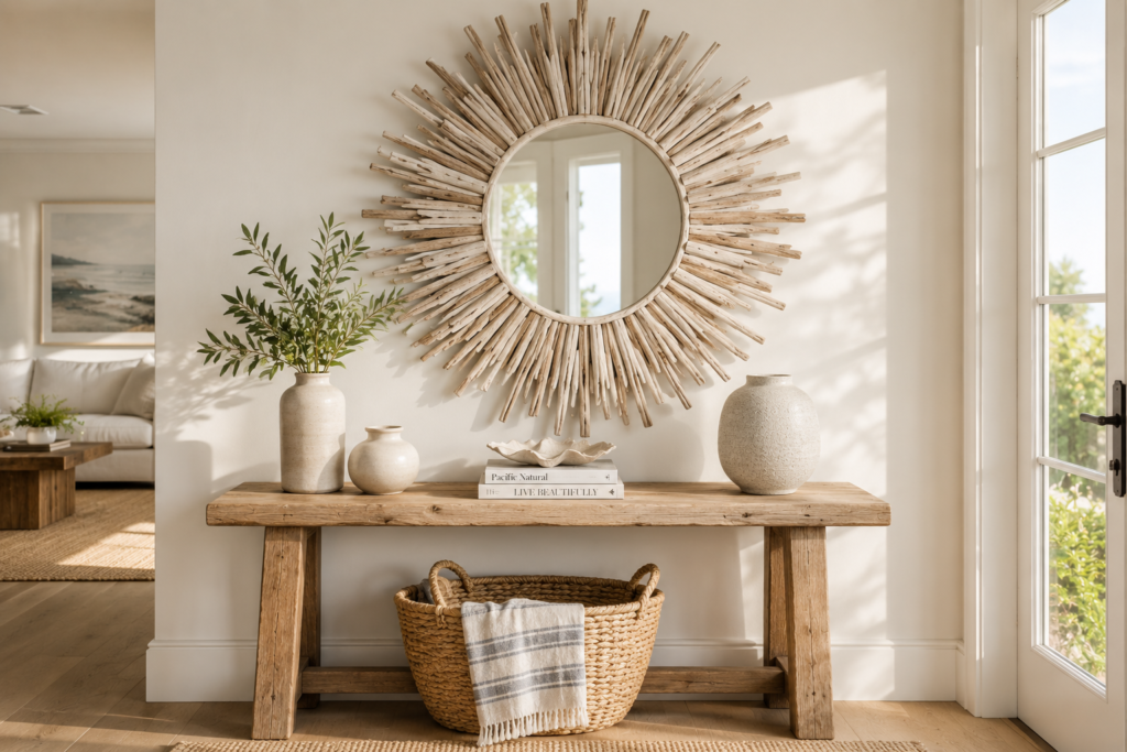 Large sunburst driftwood mirror in coastal entryway as an unexpected and striking beach house decor idea