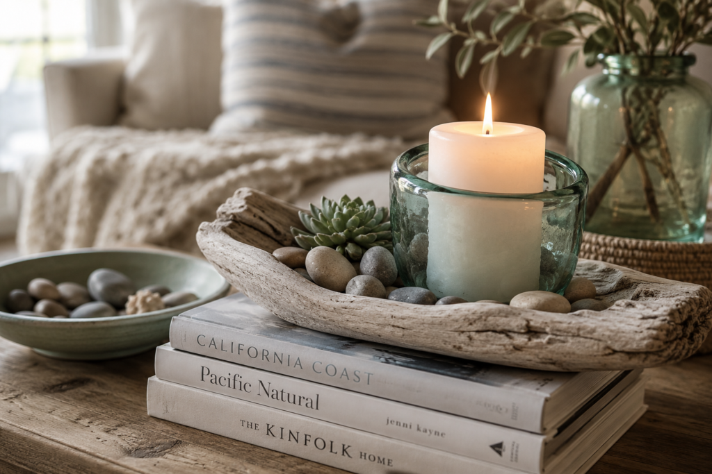 Coastal candle styling on a driftwood tray showing how beach house decor ideas extend to scent and atmosphere