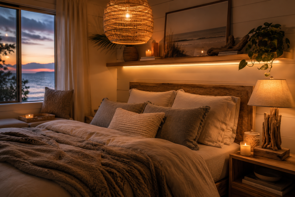 Layered coastal lighting in a beach house bedroom showing how warm light sources enhance beach house decor ideas