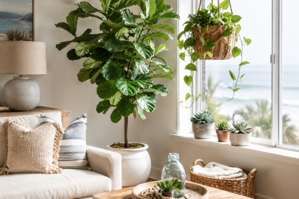 Tropical indoor plants in a coastal living room as living beach house decor ideas that add color and freshness