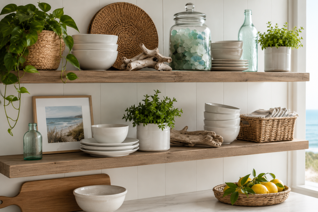 Coastal open shelf styling in a beach house kitchen showing beach house decor ideas applied to functional storage spaces