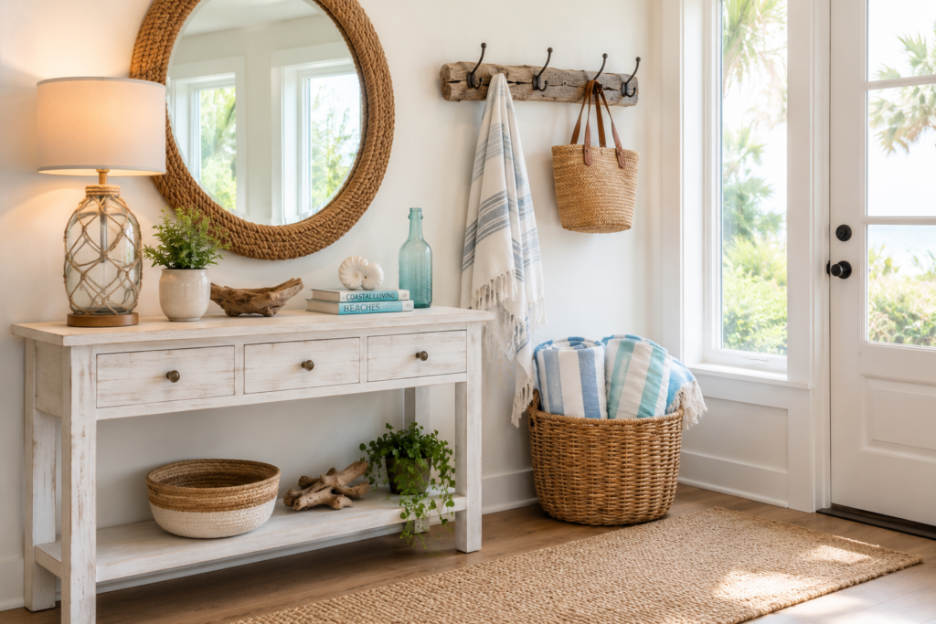 Coastal entryway with driftwood hooks and wicker storage as practical and beautiful beach house decor ideas for first impressions