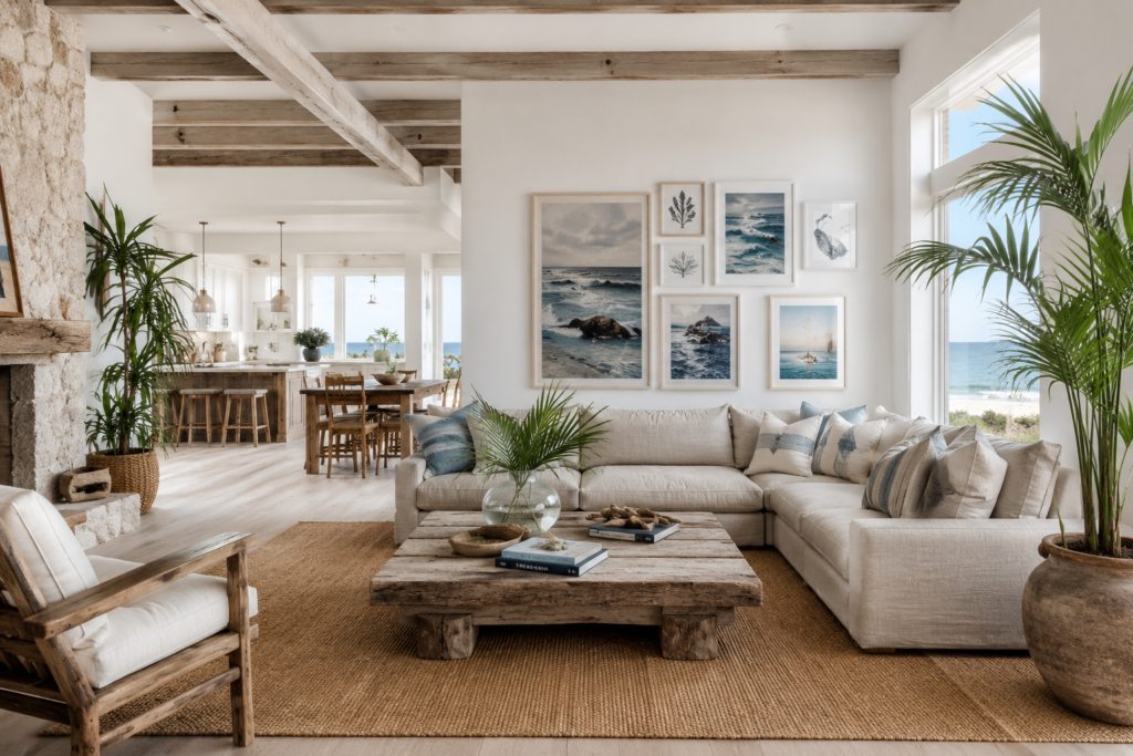 Open plan coastal living room with exposed beams and natural linen furniture showing comprehensive beach house decor ideas