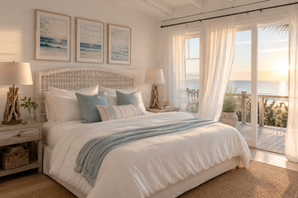 Serene coastal master bedroom with rattan headboard and linen bedding exemplifying the best beach house decor ideas for sleeping spaces