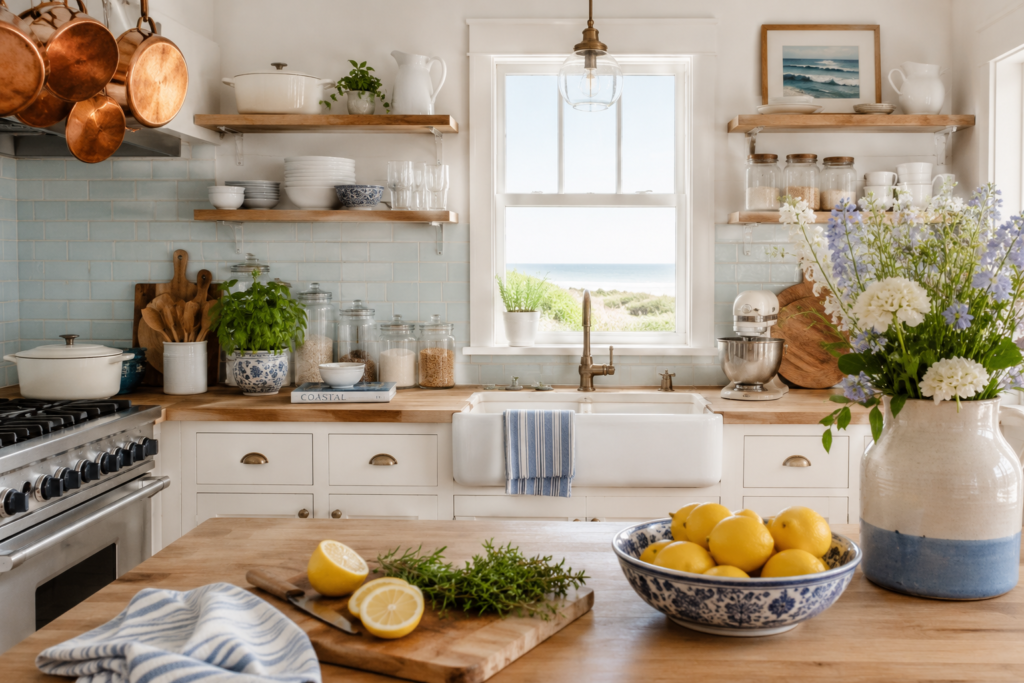 Coastal farmhouse kitchen with blue subway tile and open shelving showing beach house decor ideas applied to kitchen design