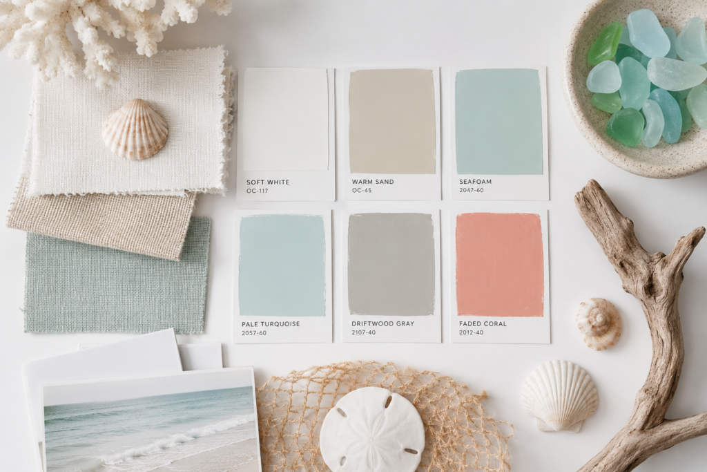 Coastal color palette swatches for beach house decor ideas featuring soft neutrals and ocean-inspired tones