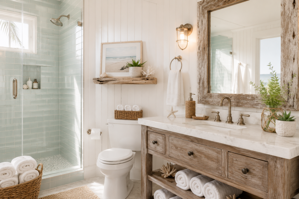 Coastal bathroom with beadboard and sea glass tile accents showing beach house decor ideas for creating a spa-like seaside retreat
