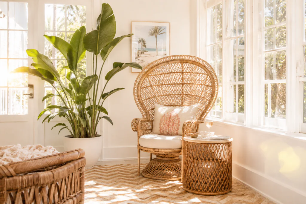 Rattan peacock chair in a coastal sunroom representing timeless beach house decor ideas with organic natural material furniture
