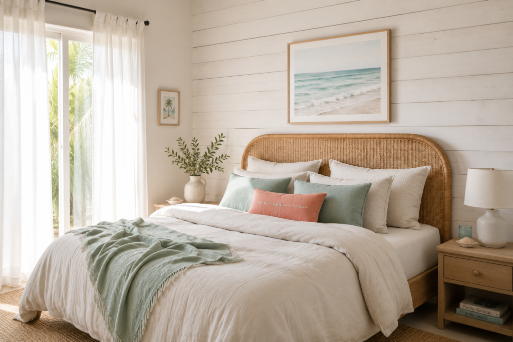 Whitewashed shiplap wall as a primary beach house decor idea creating an authentic coastal bedroom look