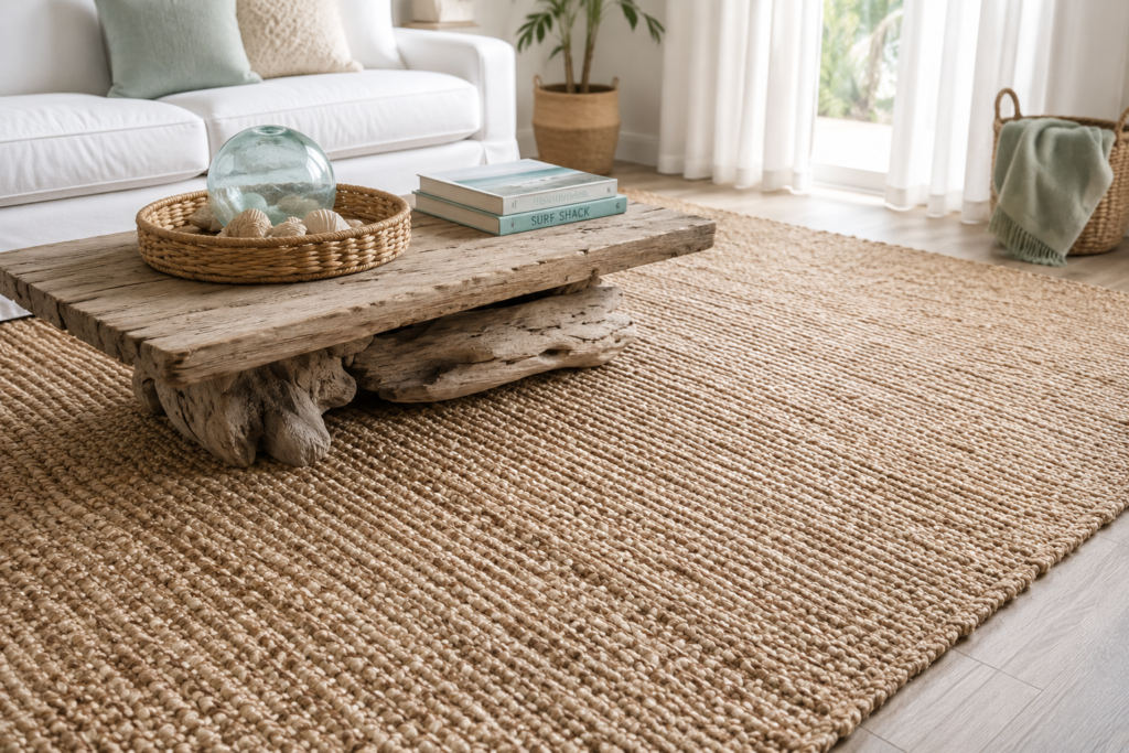  Natural jute rug as foundational beach house decor idea adding organic coastal texture to a living room floor