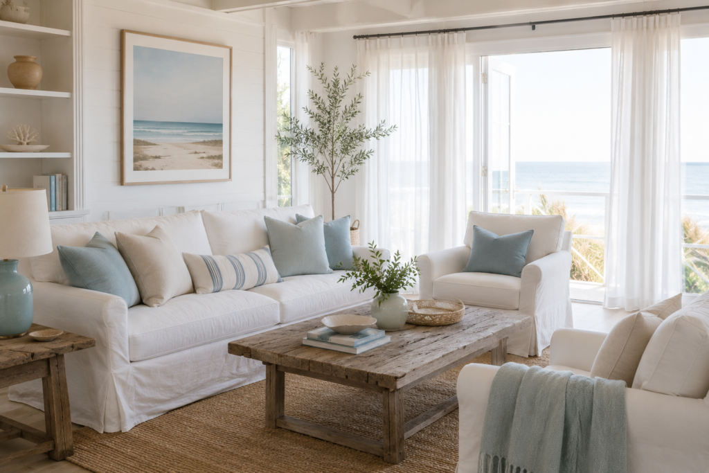 White slipcovered sofa and chairs demonstrating the most authentic beach house decor ideas for a coastal living room
