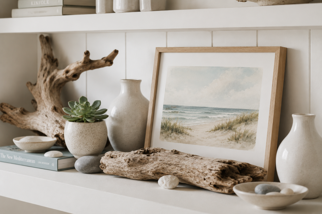 Driftwood decorative accents on a coastal shelf showing tasteful beach house decor ideas without looking kitschy