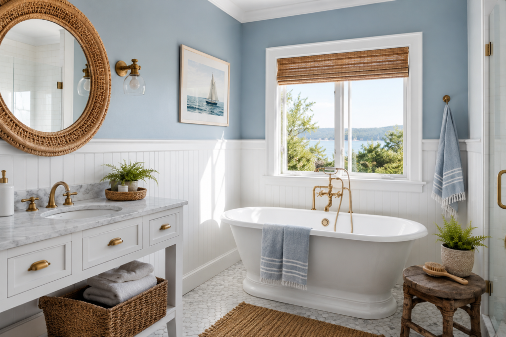 White beadboard wainscoting in coastal bathroom as a classic beach house decor idea adding authentic architectural character