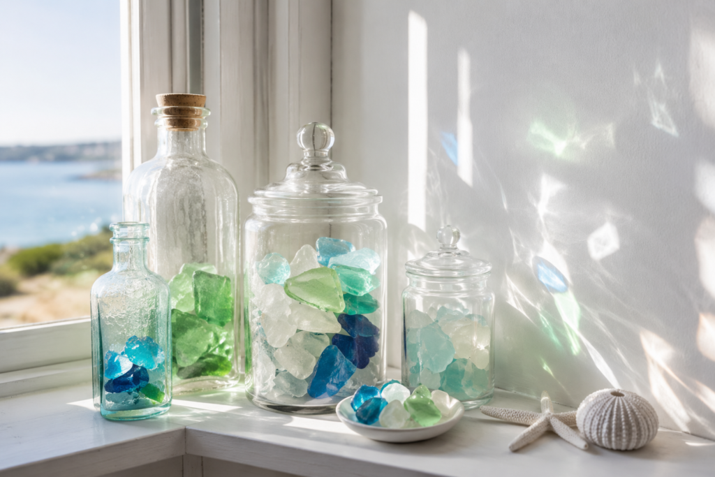Sea glass collection in glass jars on a sunny windowsill as an affordable and beautiful beach house decor idea