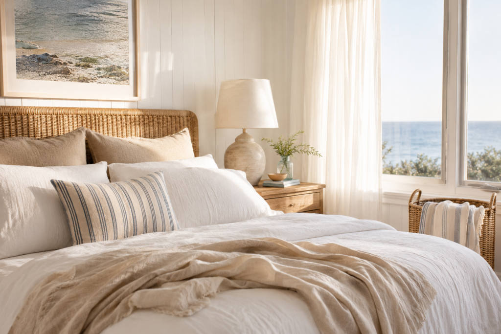 Natural linen and cotton bedding layering as essential beach house decor ideas creating an authentic coastal bedroom feel