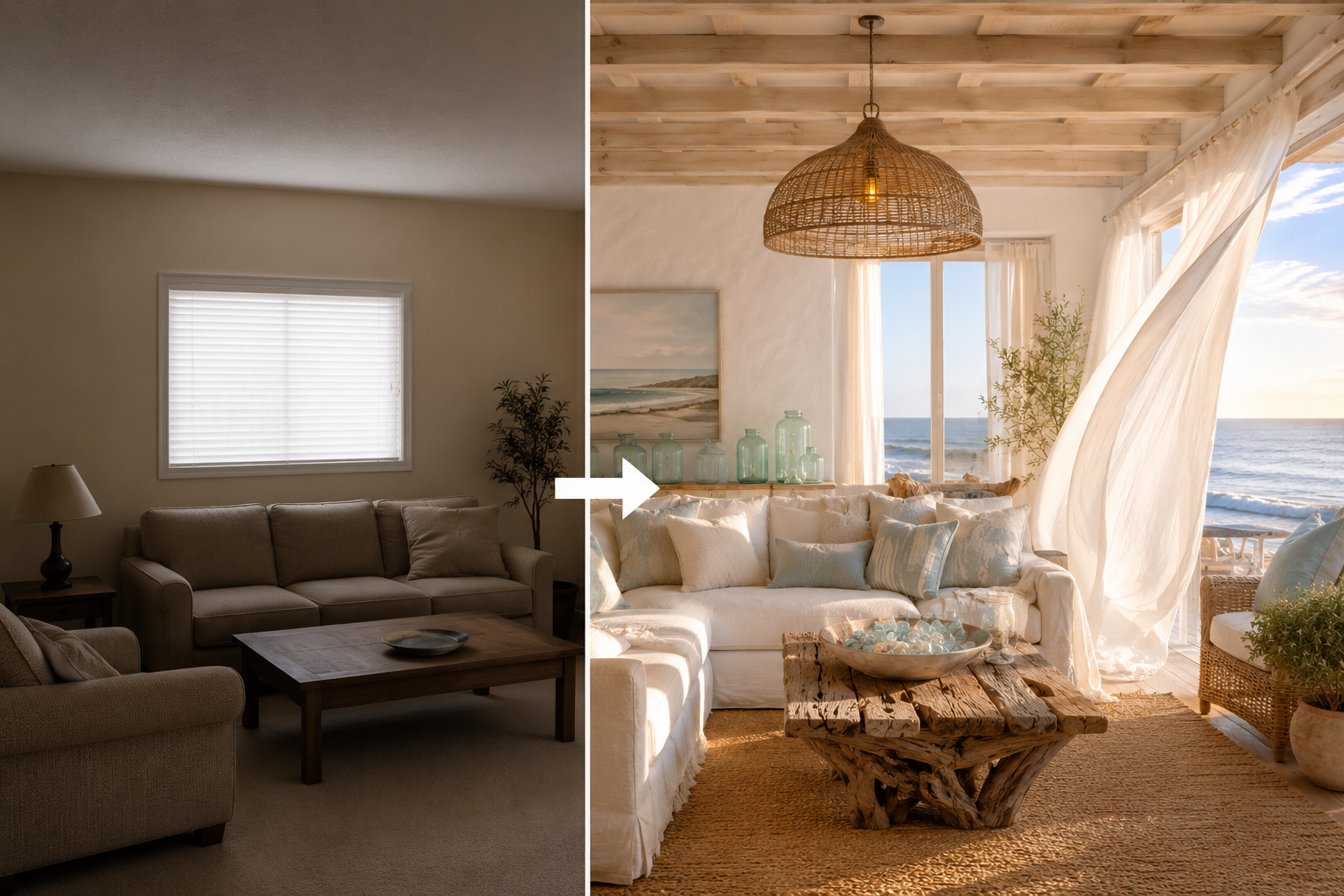 Beach house decor ideas featured image showing stunning coastal living room transformation with whitewashed walls and natural textures