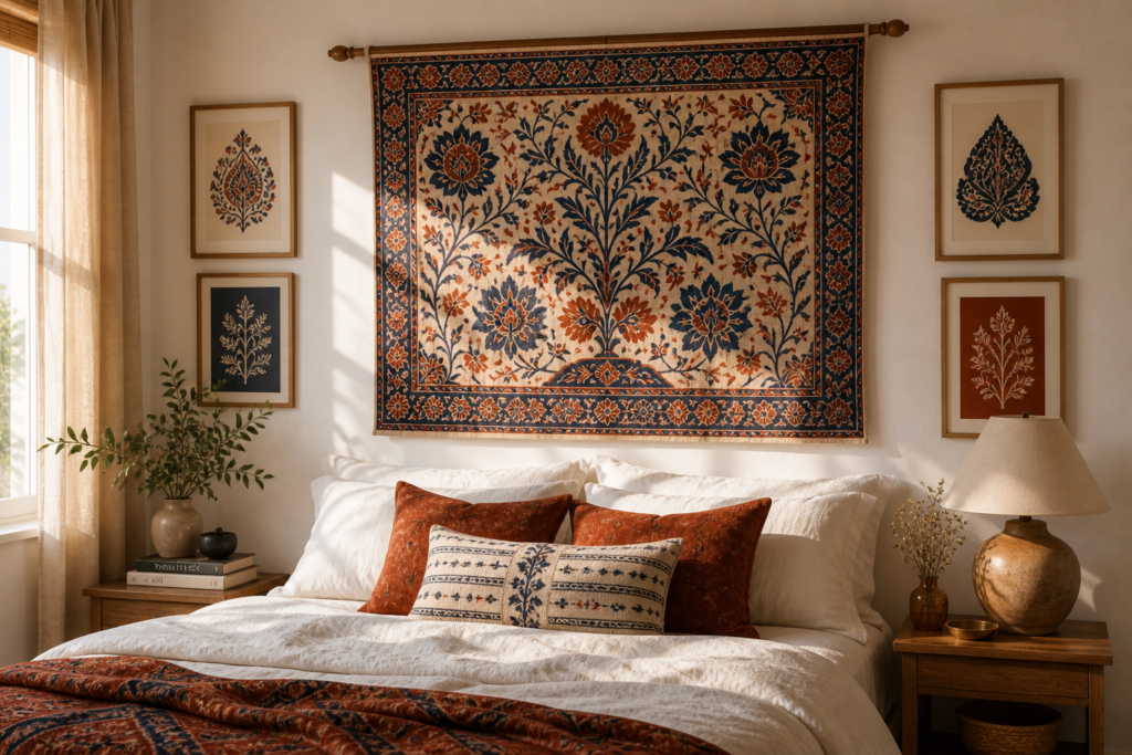 DIY fabric wall hanging bedroom wall decor ideas 2026 South Asian block print bohemian budget decor