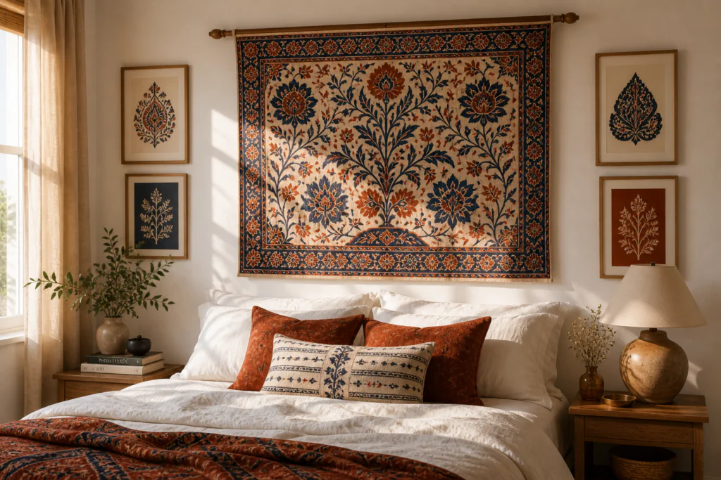DIY fabric wall hanging bedroom wall decor ideas 2026 South Asian block print bohemian budget decor