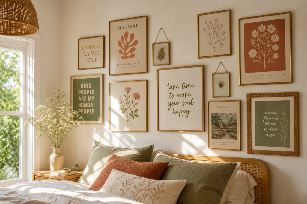 aesthetic gallery wall bedroom wall decor ideas 2026 with terracotta sage green color palette