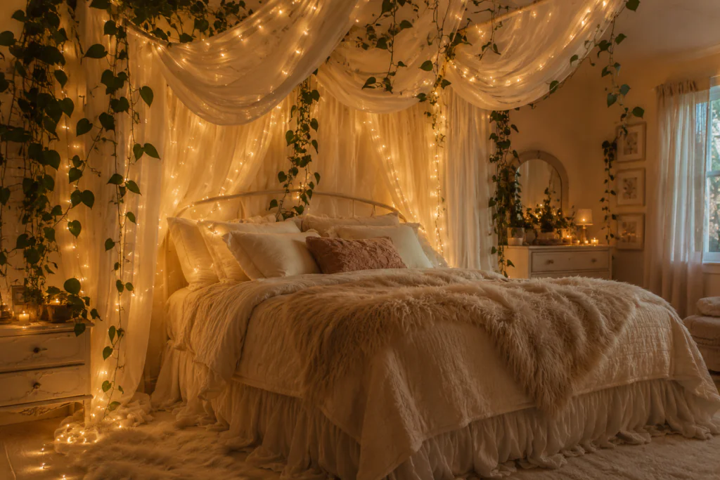 dreamy canopy bedroom wall decor ideas 2026 sheer fabric fairy lights garden canopy aesthetic