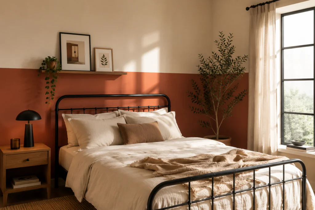color block painted accent wall bedroom wall decor ideas 2026 terracotta cream color blocking