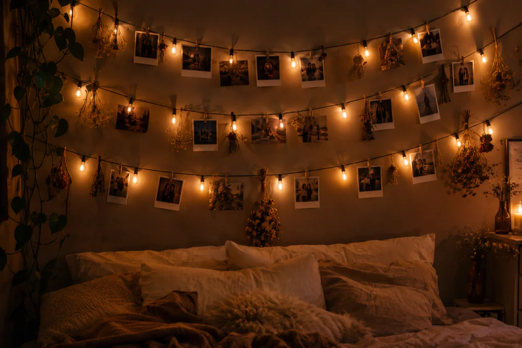 polaroid photo string lights wall bedroom wall decor ideas 2026 memory display fairy lights aesthetic