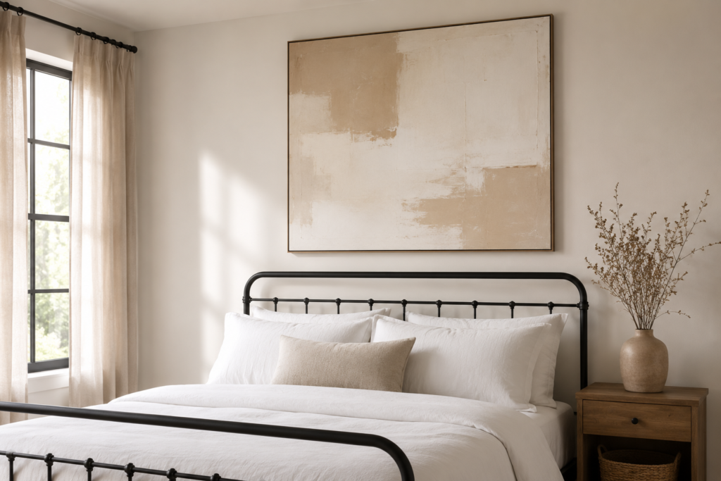 minimalist abstract art bedroom wall decor ideas 2026 oversized canvas neutral palette elegant