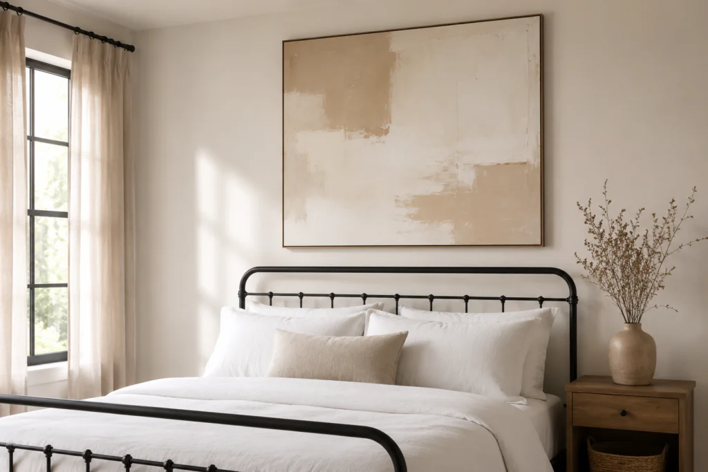 minimalist abstract art bedroom wall decor ideas 2026 oversized canvas neutral palette elegant
