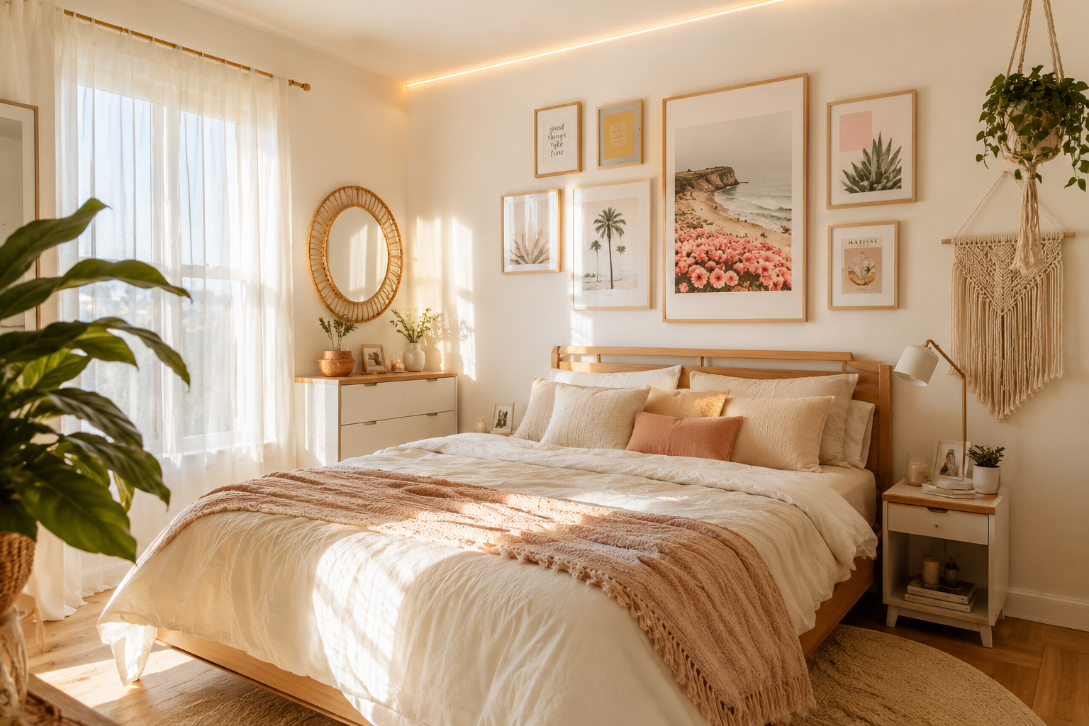 bedroom wall decor ideas 2026 summer aesthetic gallery wall with LED lights and boho macrame