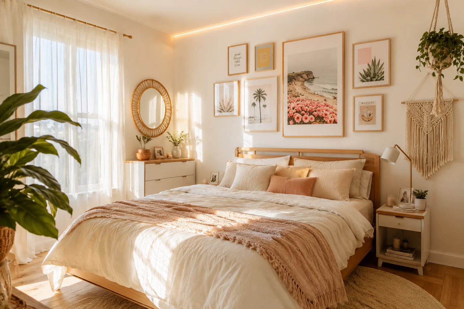 bedroom wall decor ideas 2026 summer aesthetic gallery wall with LED lights and boho macrame