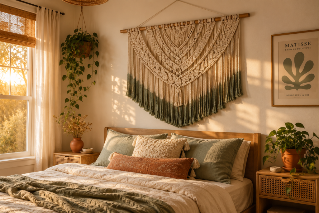 boho macrame wall hanging bedroom wall decor ideas above bed 2026 natural cotton rope