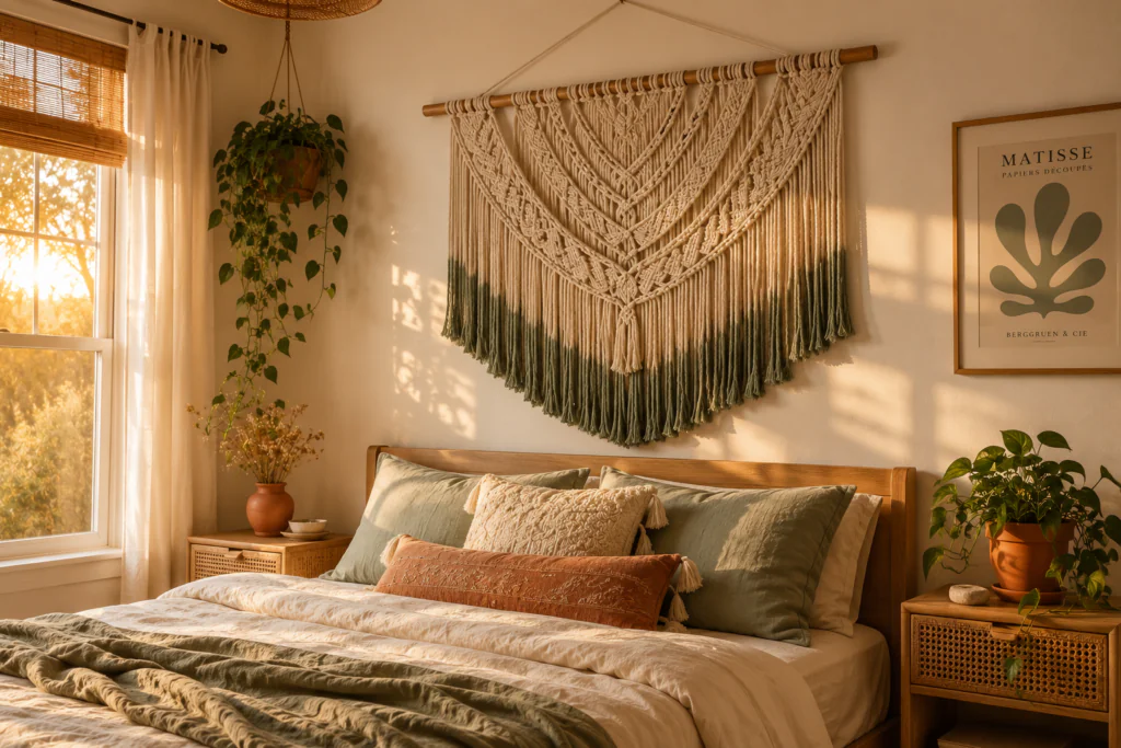 boho macrame wall hanging bedroom wall decor ideas above bed 2026 natural cotton rope