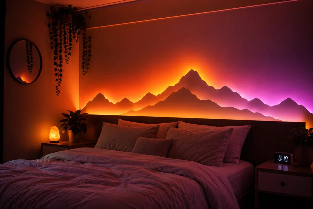 LED strip light bedroom wall decor ideas 2026 sunset gradient mountain silhouette aesthetic