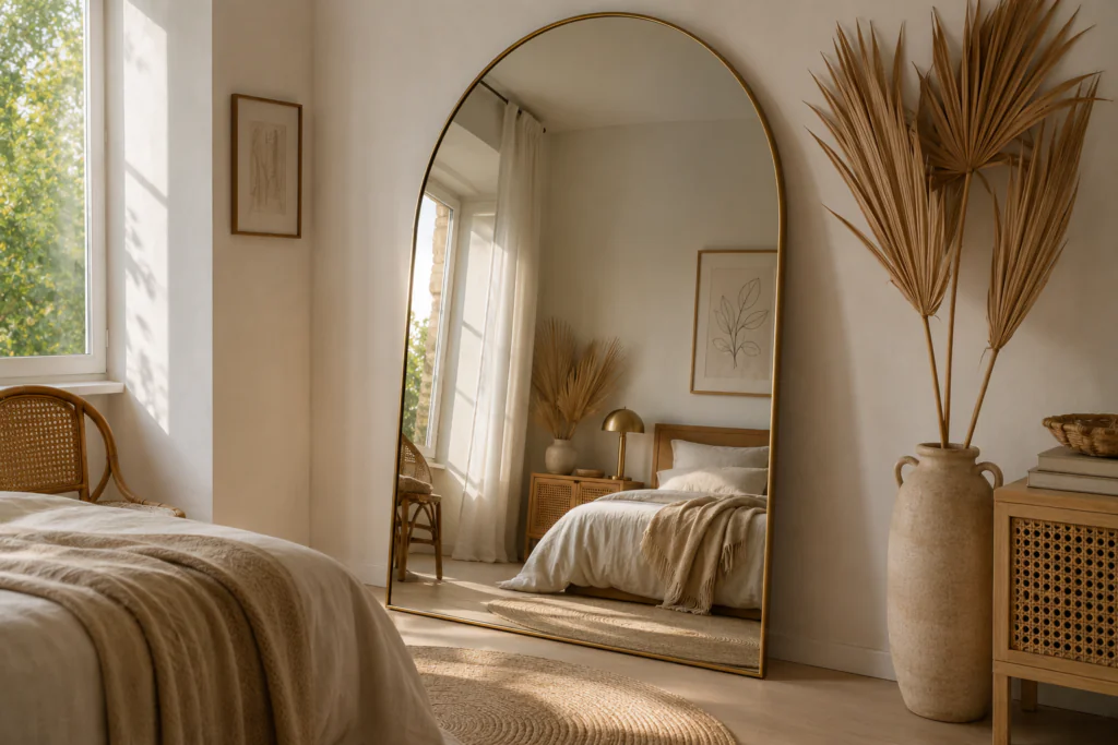 oversized arch mirror bedroom wall decor ideas 2026 brass frame smoked glass make room look bigger